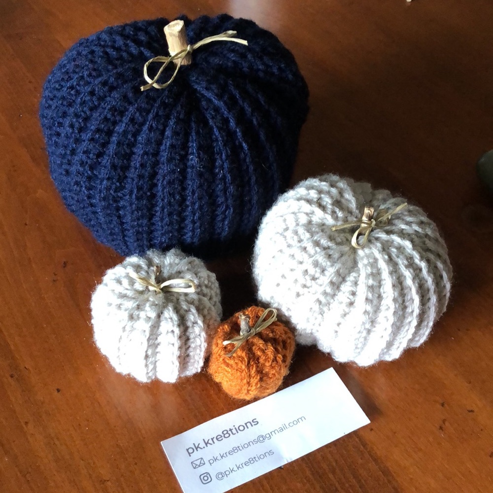 Handmade Crochet Pumpkins (Set of 4) Navy Orange Gray